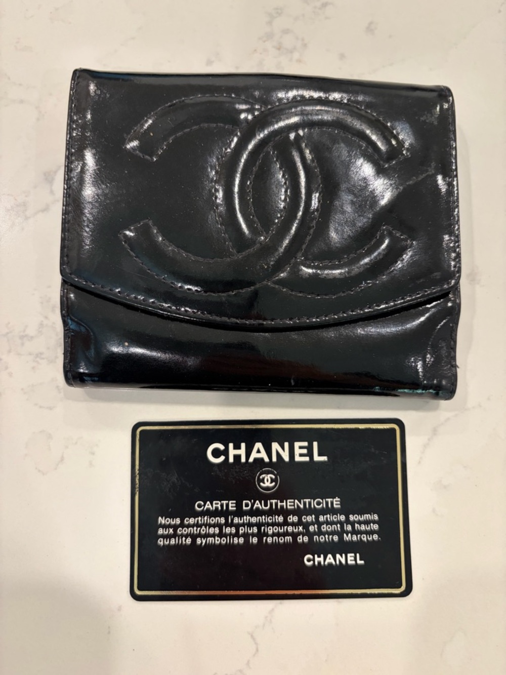 CHANEL wallet patent Black leather Authenticity Card with Serial Number 5379841
